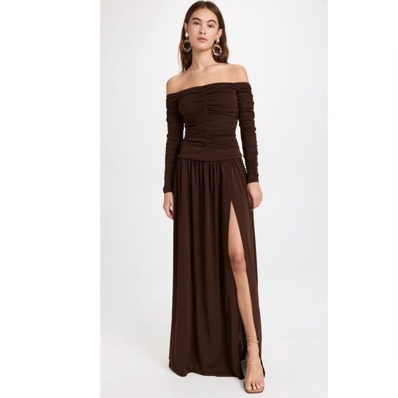 Tanya Taylor Marla Off-the-Shoulder Dress, Mocha Brown, NWT, Size 6 - Picture 10 of 11